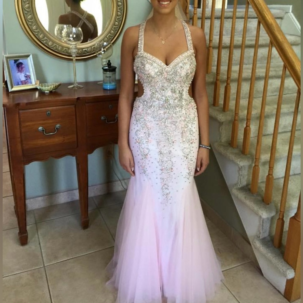 Camille Le Vie Pink Embellished Low Back Prom Dress